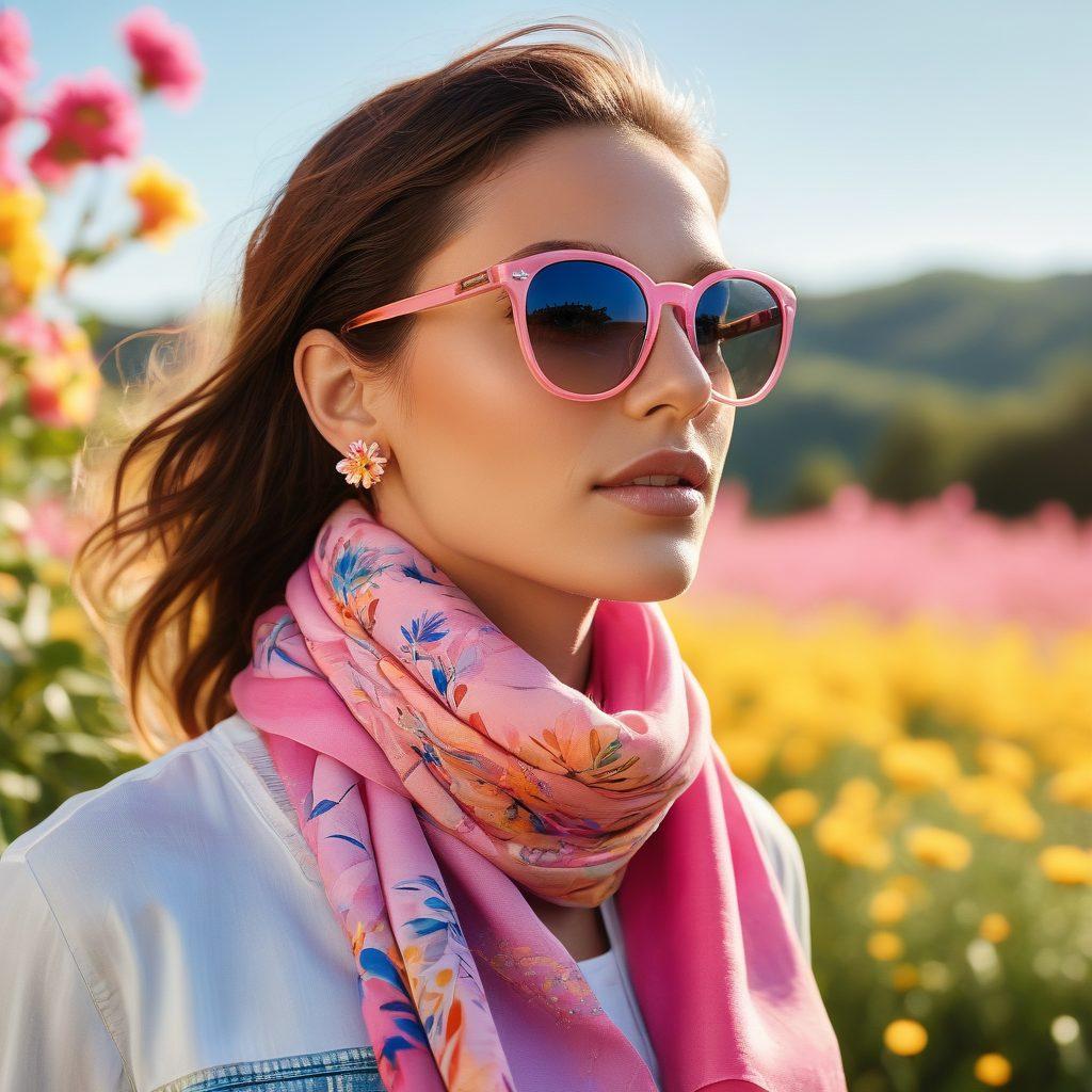 A bright, sunny outdoor scene featuring a stylish individual wearing trendy Cazal eyewear, exuding joy and confidence. Soft sunlight casts playful shadows while vibrant flowers bloom in the background, enhancing the feeling of happiness. Incorporate colorful accessories and a carefree vibe to highlight the essence of style. super-realistic. vibrant colors. sunny atmosphere.