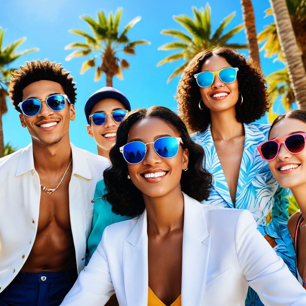 A vibrant and cheerful scene depicting a diverse group of fashionable individuals wearing Cazal eyewear, showcasing a variety of colorful sunglasses. The background features a sunny outdoor setting with palm trees and a bright blue sky, enhancing the joy and style associated with these sunglasses. The characters are smiling and embracing a fun, carefree lifestyle. super-realistic. vibrant colors. sunny ambience.