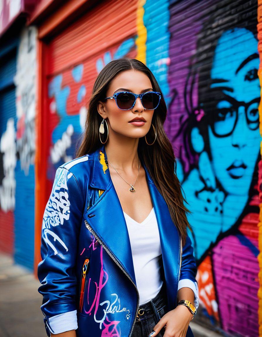 A confident model wearing striking Cazal sunglasses, standing in a vibrant urban setting that reflects modern fashion trends. The background features colorful graffiti and stylish street elements, symbolizing individuality and bold choices. The focus is on the unique design of the sunglasses, capturing their essence and flair. The atmosphere should be dynamic and energetic, showcasing a blend of high fashion and street style. super-realistic. vibrant colors. urban landscape.